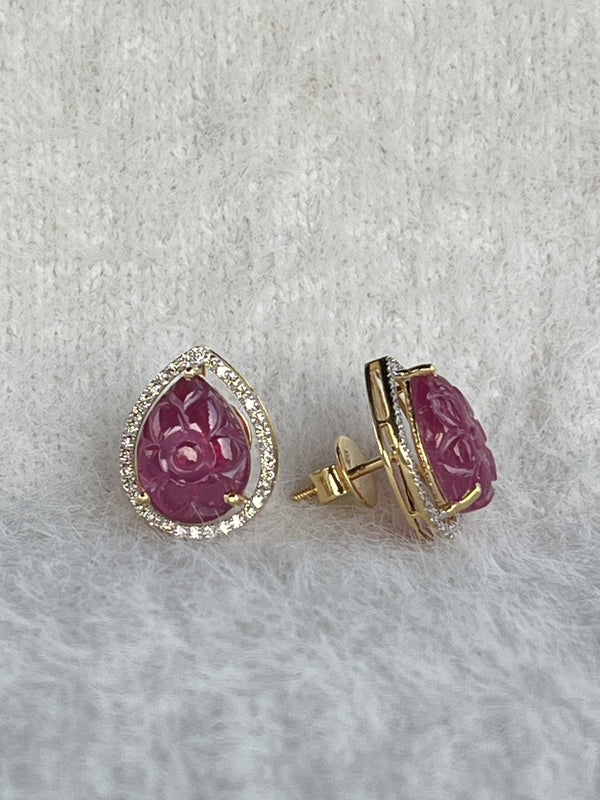 BloomRuby Earrings – 10.07 ct Carved Purplish Red Ruby & 0.45 ct Diamond Halo in 14K Gold image 1