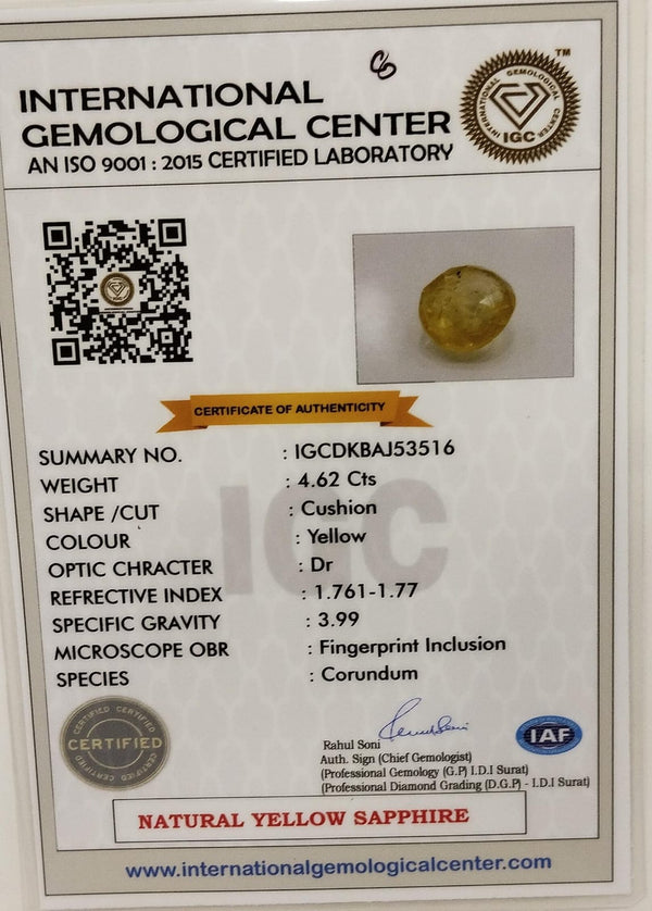 Natural Yellow Sapphire | Cushion Cut | IGC Certified No.: IGCDKBAJ53516 image 2