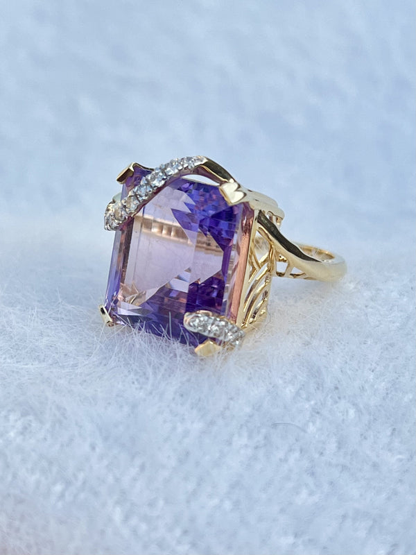 Exquisite Natural Square Shape Amethyst & Diamond Cocktail Ring in 14K Gold image 1