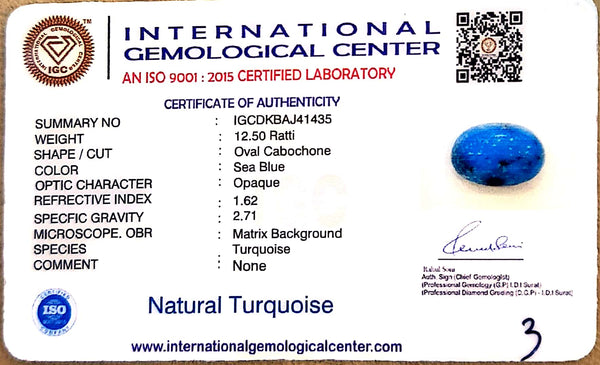 Natural Turquoise | Oval Cabochon | Sea Blue | Matrix Background | IGC Certified Certification: IGC (IGCDKBAJ41435) image 2