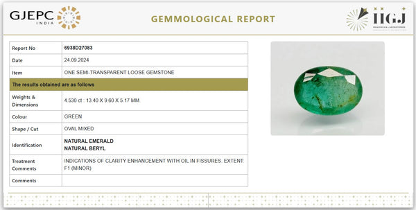 Natural Emerald 5.04 Ratti Govt. Lab Certified | Oval Mixed Cut Certificate No.: 6938D27083 image 1