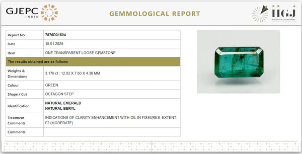 Natural Emerald | Octagon Step Cut | Transparent | Govt. Lab Certified No. 7876D31504 image 1