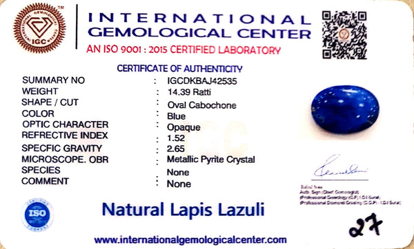 Natural Lapis Lazuli | Oval Cabochon | IGC Certified Certificate No.: IGCDKBAJ42535 image 2