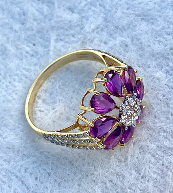 Elegant Natural Rhodolite & Diamond Flower Ring in 14K Gold image 1