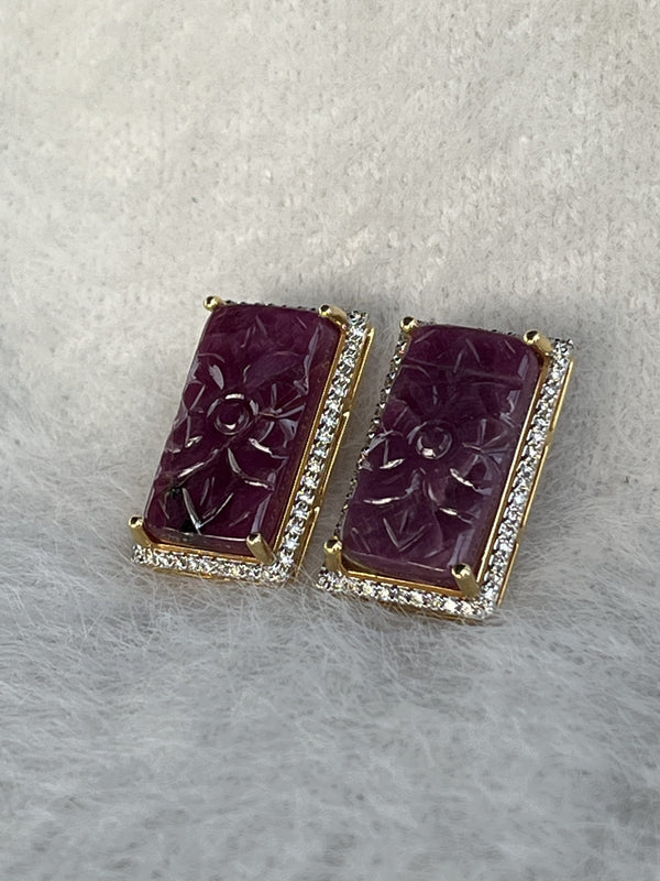 Royal Blossom Earrings – 30.30 ct Hand-Carved Purplish Red Natural Ruby with 0.82 ct Natural Diamonds image 2