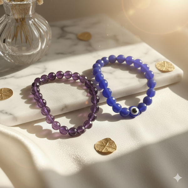 PURPLE BRACELET & BLUE QUARTZ WITH EVIL EYE BRACELET SATURN ENSURES SUCCESS image 1