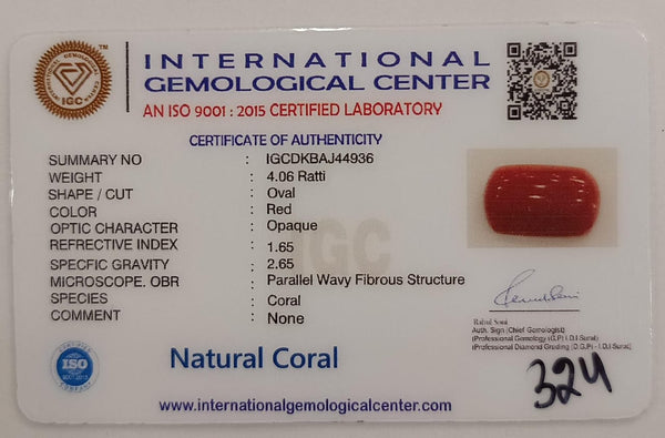 NaturalRed Coral | Certified| Oval CutGemstone Summary No. IGCDKBAJ44936 image 2