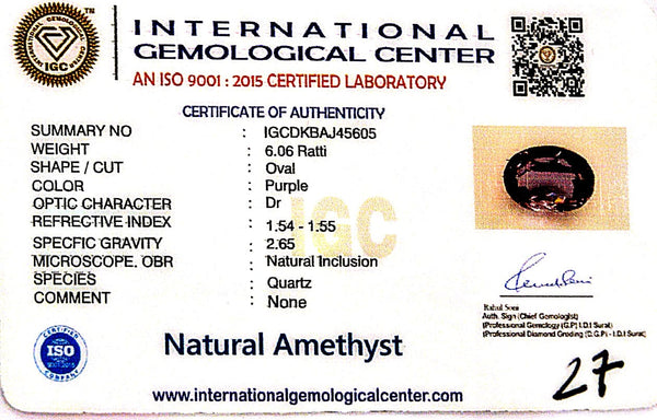 Natural Amethyst | Oval | Lab Certified No. IGCDKBAJ45605 image 2