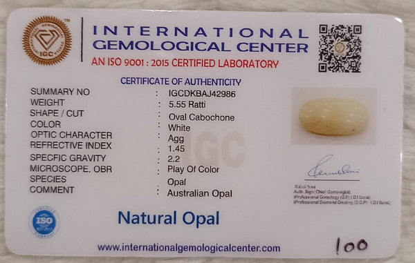Natural White Opal 5.55 Ratti| Oval Cabochone| Certified No. IGCDKBAJ42986 image 2