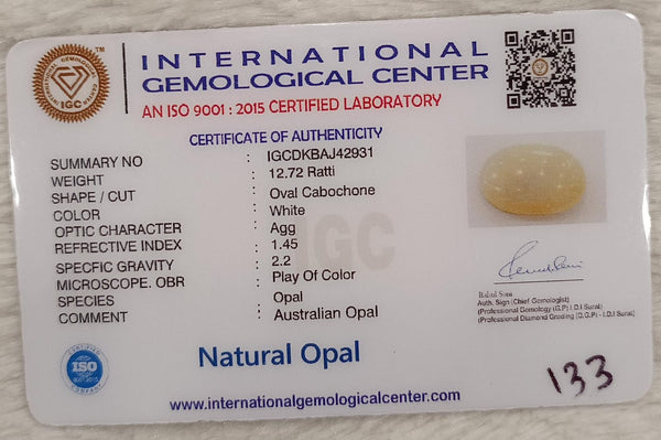 Natural White Opal 12.72 Ratti| Oval Cabochone| Certified No. IGCDKBAJ42931 image 2