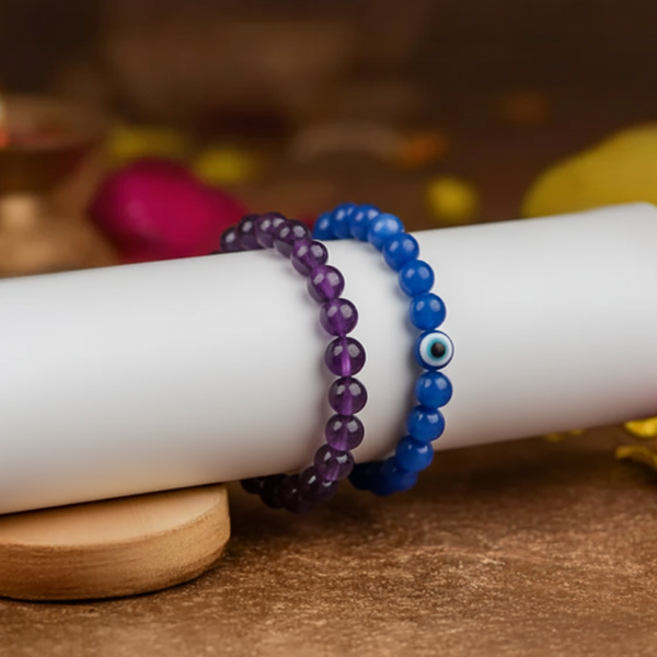 Purple and blue quartz evil eye bracelet, Saturn stone – Tushar Gems