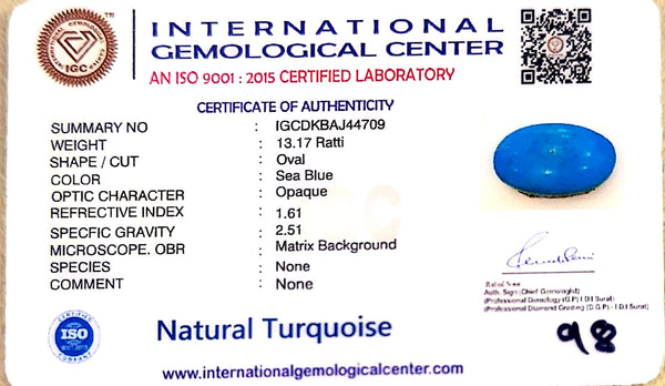 Natural Turquoise | Certified | Oval Cut | Sea Blue Certificate No.: IGCDKBAJ44709 image 2
