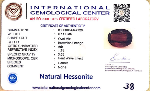 Natural Hessonite (Gomed) | Oval Mix Cut | IGC Certified Certificate No.: IGCDKBAJ42720 image 2