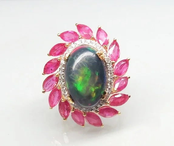 Exquisite Natural Black Opal with Ruby & Diamonds in 14K Gold image 0