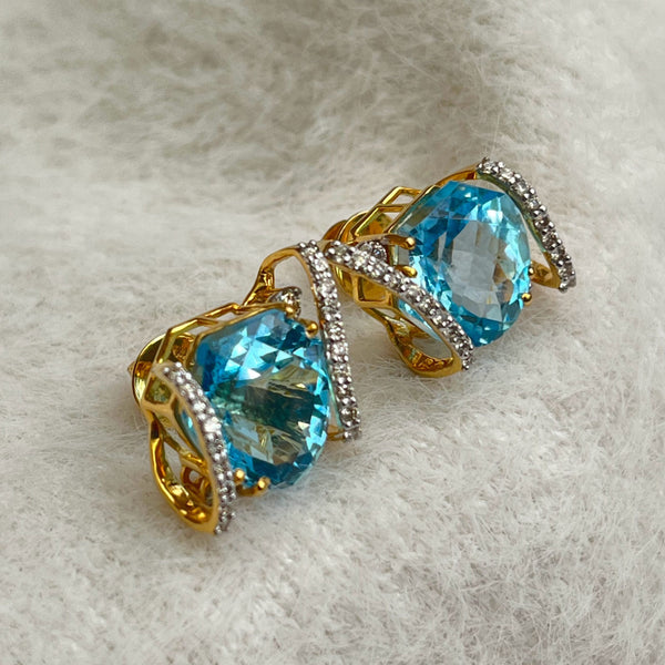 Elegant Blue Topaz & Diamond Earring in 14K Gold – Certified 16.71ct Statement Piece image 1