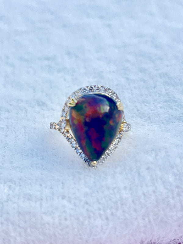 Elegant Natural Black Opal in Pear Shape with Diamonds in 14K Gold Ring image 0