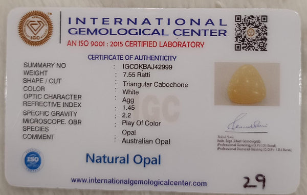 Natural White Opal 7.55Ratti| Triangular Cabochone | Certified No. IGCDKBAJ42999 image 2