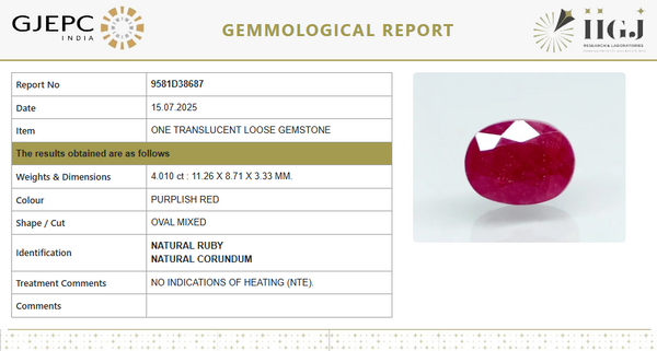 Natural Purplish Red Ruby | Certified Unheated | Oval Mixed Cut Report No. 9581D38687 image 1