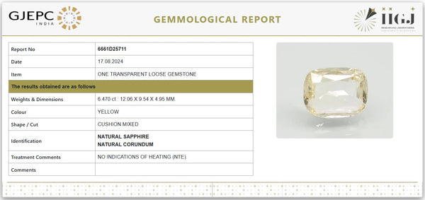 Natural Yellow Sapphire (Pukhraj) 7.19 Ratti β Certified Unheated | Cushion Cut | 6.47 Carat | 6661D25711 image 1