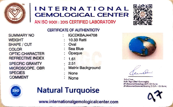 Natural Turquoise | IGC Certified | Sea Blue | Oval Cut | Matrix Background | Premium Healing GemstoneCertification No.: IGCDKBAJ44708 image 1