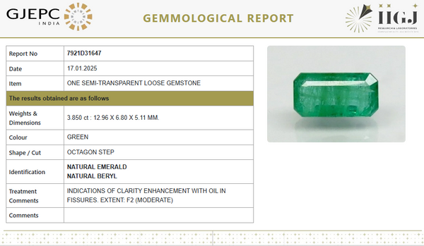 Natural Emerald | Octagon Step Cut | Govt. Lab Certified No.: 7921D31647 image 1