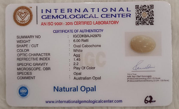 Natural White Opal 6.00Ratti| Oval Cabochone | Certified No. IGCDKBAJ42970 image 2