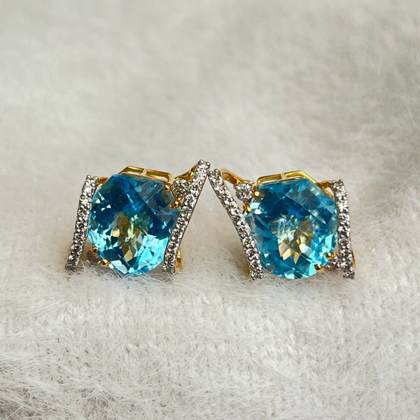 Elegant Blue Topaz & Diamond Earring in 14K Gold – Certified 16.71ct Statement Piece image 0