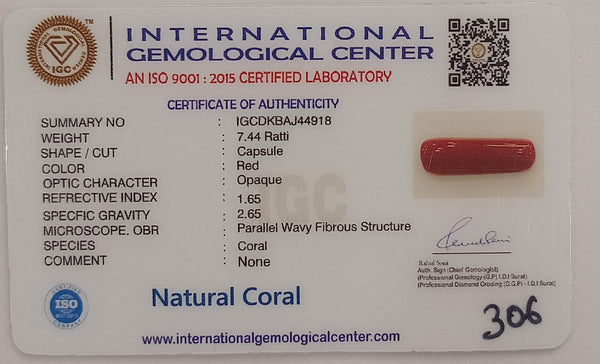 Natural Red Coral | Certified |Capsule Cut Gemstone Summary No. IGCDKBAJ44918 image 2