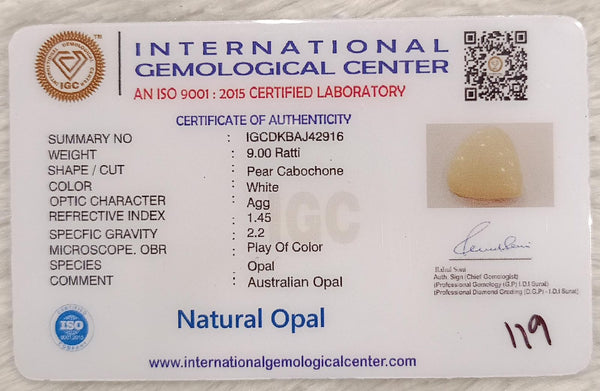 Natural White Opal 9.00 Ratti| Pear Cabochone| Certified No. IGCDKBAJ42916 image 2