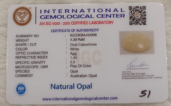 Natural White Opal 4.39 Ratti| Oval Cabochone | Certified No. IGCDKBAJ42936 image 2