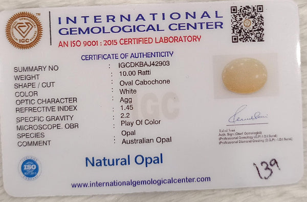 Natural White Opal 10.00Ratti| Oval Cabochone| Certified No. IGCDKBAJ42903 image 2