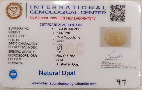 Natural White Opal 4.06 Ratti| Oval Cabochone | Certified No. IGCDKBAJ42938 image 2