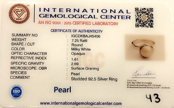 Natural Pearl Ring | Milky White | Certified Gemstone in Sterling Silver| 50% Off image 2