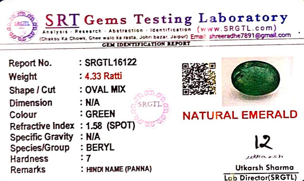 Natural Emerald | Oval Cut| Govt. Lab Certified No. SRGTL16122 image 2