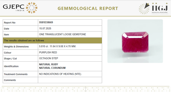Natural Purplish Red Ruby | Certified Unheated | Octagon Mixed Cut Report No. 9581D38669 image 1