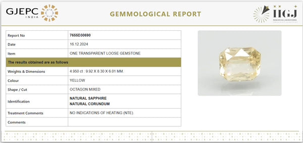 Certified Natural Yellow Sapphire (Pukhraj) – 4.950 Carat / 5.51 Ratti | Untreated | Octagon Mixed Cut | GJEPC IIGJ Certified| 7655D30690 image 1