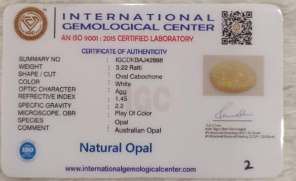 Natural White Opal 3.22 Ratti| Oval Cabochone | Certified No. IGCDKBAJ42888 image 2