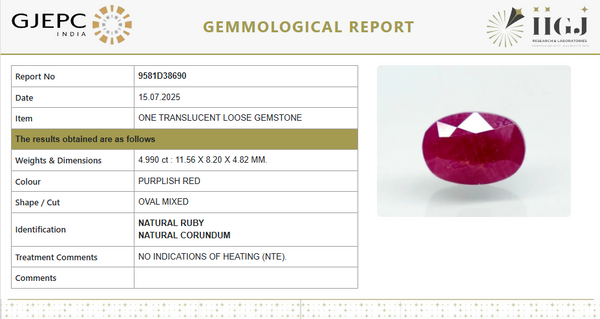 Natural Purplish Red Ruby | Certified Unheated | Oval Mixed Cut | 5.54 RT | Report No. 9581D38690 image 1