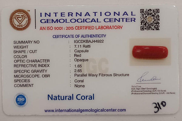 NaturalRed Coral | Certified| Capsule CutGemstone Summary No. IGCDKBAJ44922 image 2