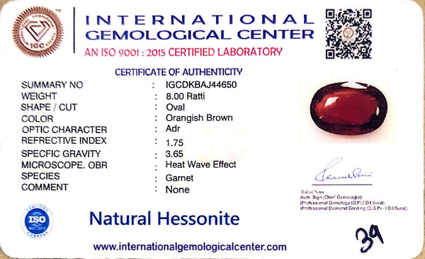 Natural Hessonite (Gomed) | Oval Cut | IGC Certified Certificate No.: IGCDKBAJ44650 image 2