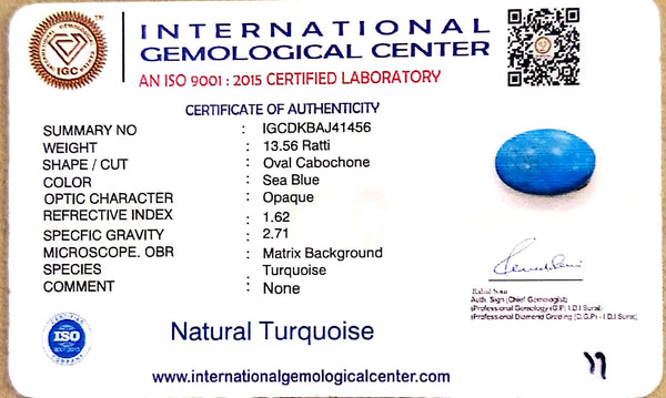 Natural Turquoise | Oval Cabochon | Sea Blue | Matrix Background | Certified Certification: IGC (IGCDKBAJ41456) image 1