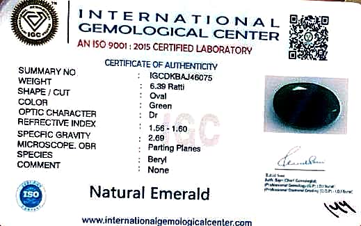 Natural Emerald| Oval | Govt. Lab Certified No. IGCDKBAJ46075 image 2
