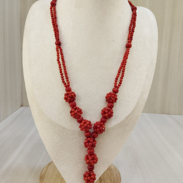 Natural red coral double line round bead necklace (08) – Tushar Gems