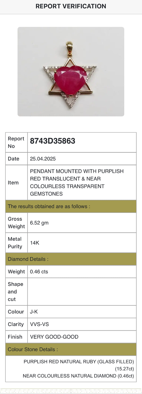 StarHeart Ruby Diamond Pendant in 14K Gold – 15.27 ct Heart-Shaped Ruby & 0.46 ct Natural Diamonds image 1