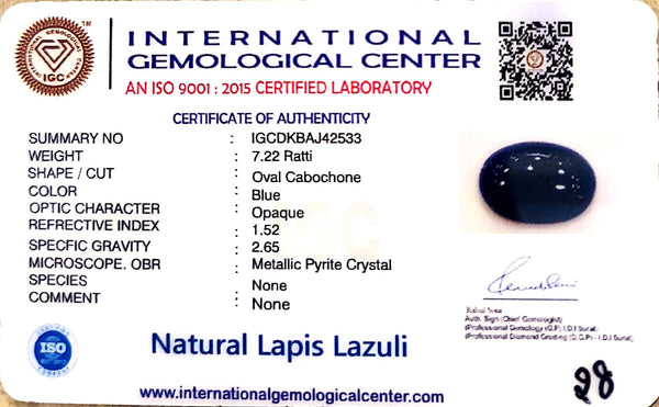 Natural Lapis Lazuli | Govt. Lab Certified | Oval Cabochon | Deep Blue with Pyrite Certificate No.: IGCDKBAJ42533 image 2