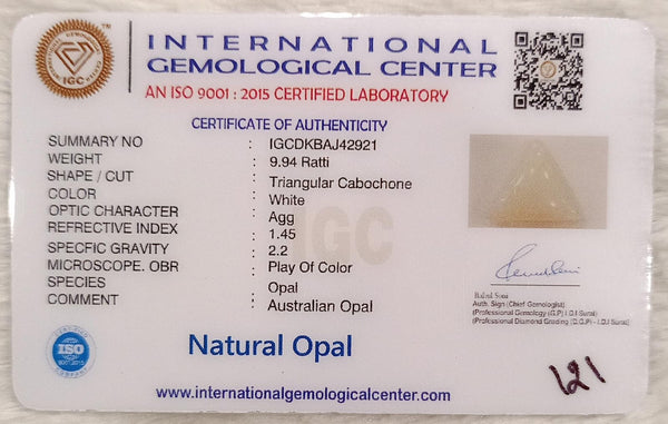 Natural White Opal 9.94 Ratti| Triangular Cabochone| Certified No. IGCDKBAJ42921 image 2