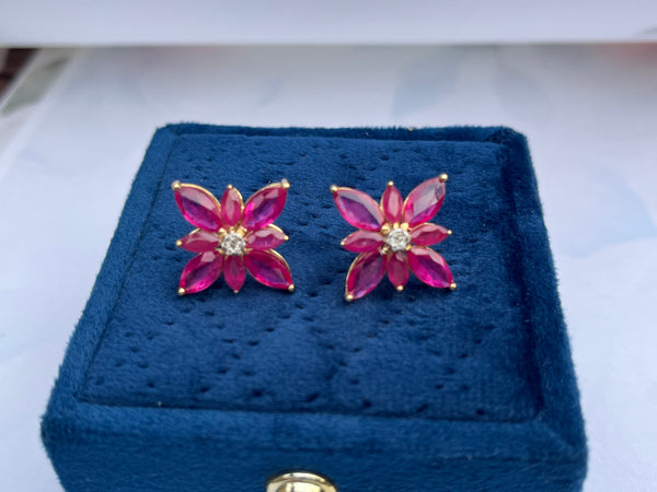 Elegant Natural Marquise Shape Ruby & Diamond Earrings in 14K Gold image 1