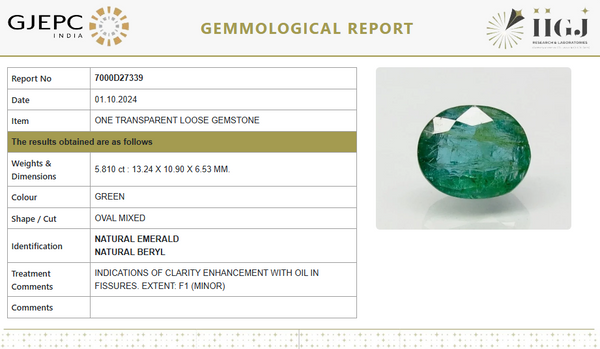 Natural Emerald 6.45 Ratti | Transparent | Govt. Lab Certified | Oval Mixed CutNo.: 7000D27339 image 1