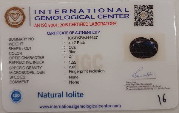 Natural Iolite| Govt. Lab Certified | Oval | Blue withCertificate No.: IGCDKBAJ44627 image 2