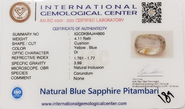 Natural Blue Sapphire Pitambari | Cushion Cut | Certified | Bicolor Yellow-Blue Certification: IGC (IGCDKBAJ44800) image 2